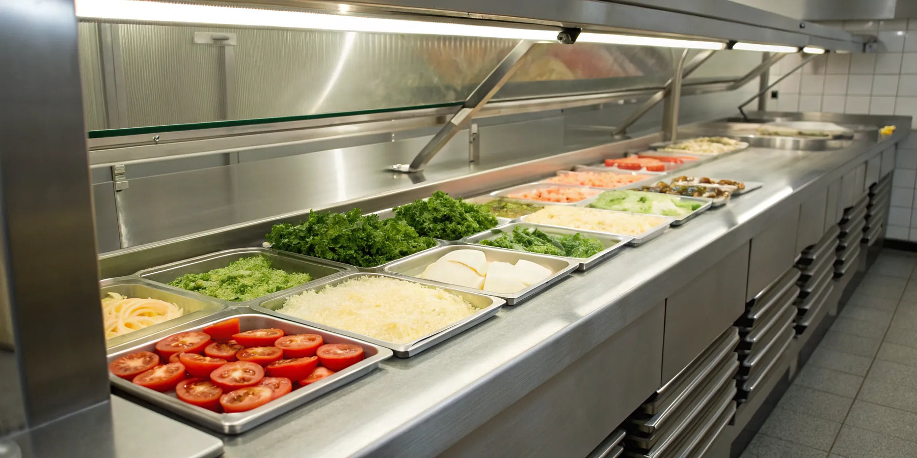 A stainless steel sandwich prep table stocked with pans of fresh ingredients.