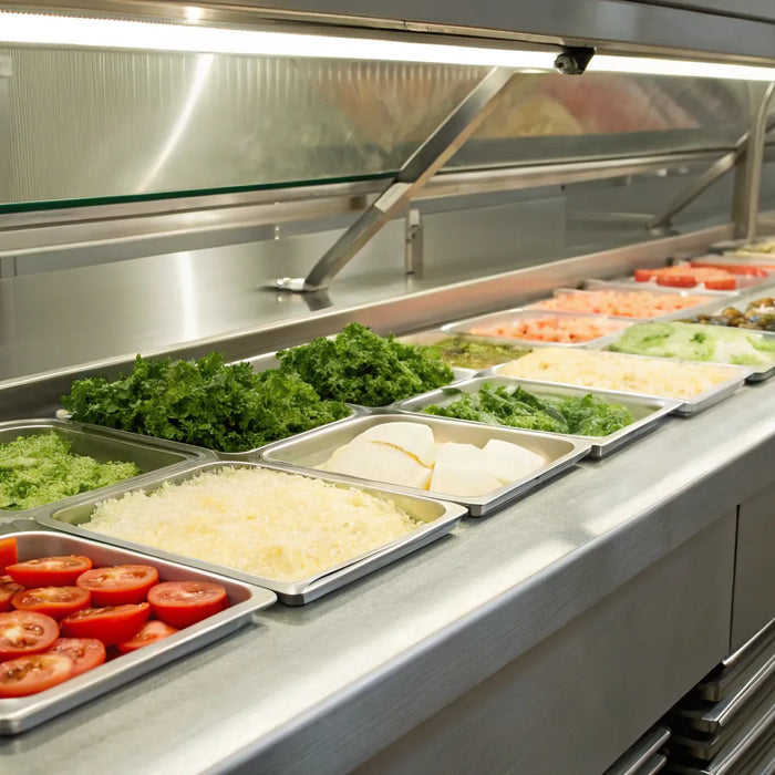 A stainless steel sandwich prep table stocked with pans of fresh ingredients.