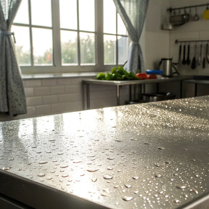 Clean prep table air drying. Final sanitizing step.