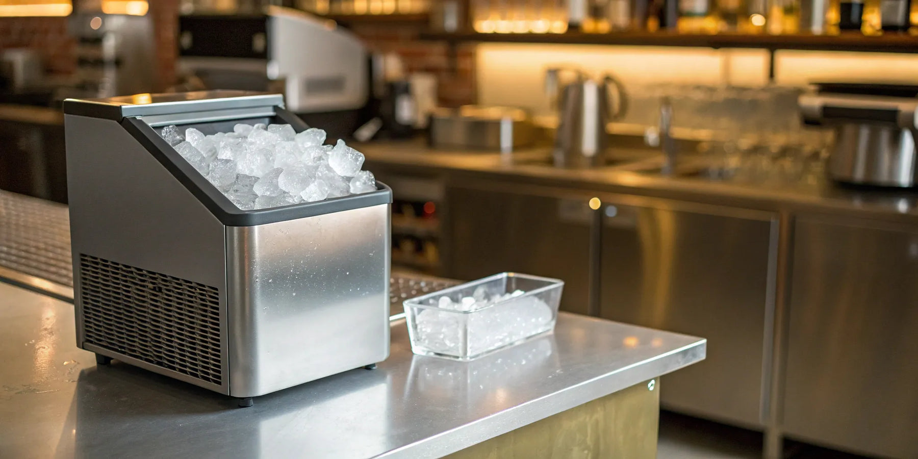 Scotsman ice maker producing ice cubes for restaurant use.