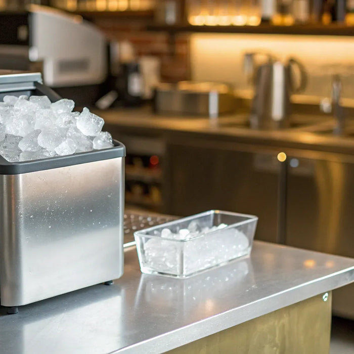 Scotsman ice maker producing ice cubes for restaurant use.