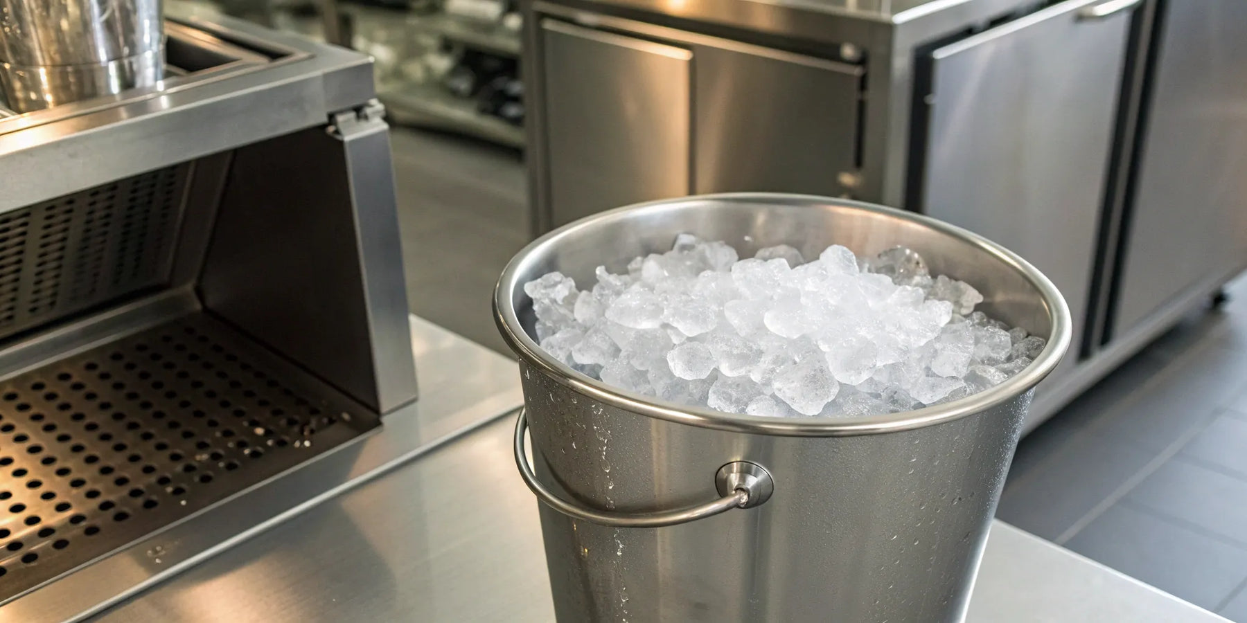 Fresh ice from a commercial Scotsman ice system in a stainless steel bucket.