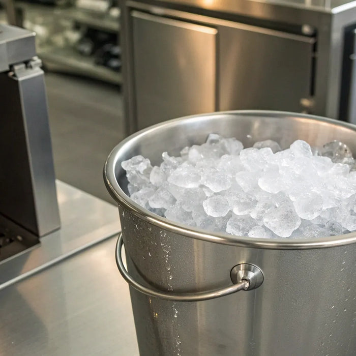 Fresh ice from a commercial Scotsman ice system in a stainless steel bucket.