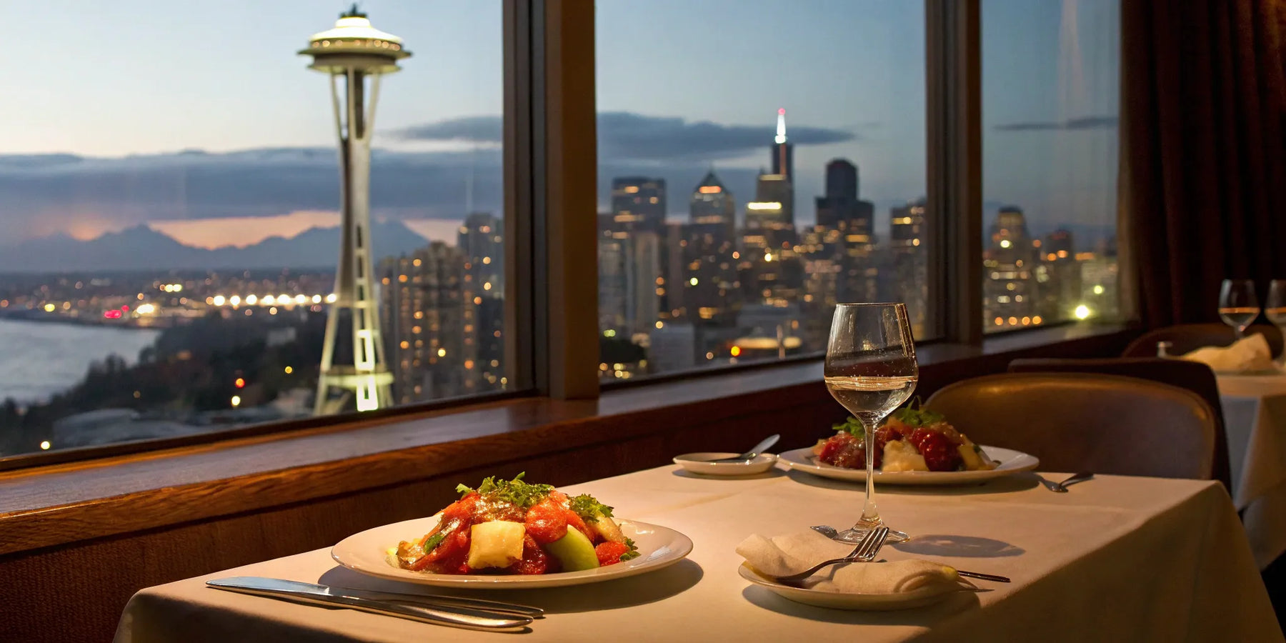 Seattle skyline dinner with Space Needle view.