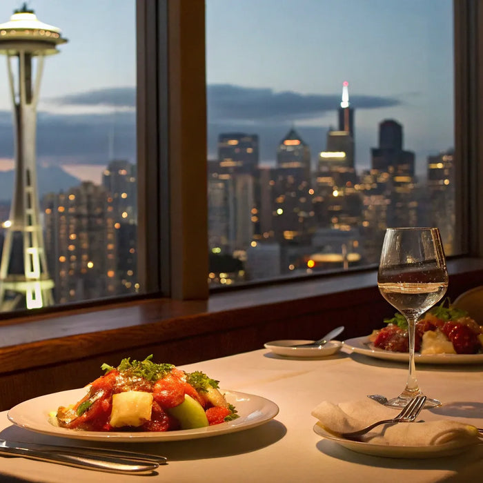 Seattle skyline dinner with Space Needle view.