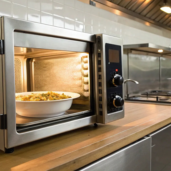 A Sharp commercial microwave oven heating food in a professional kitchen.