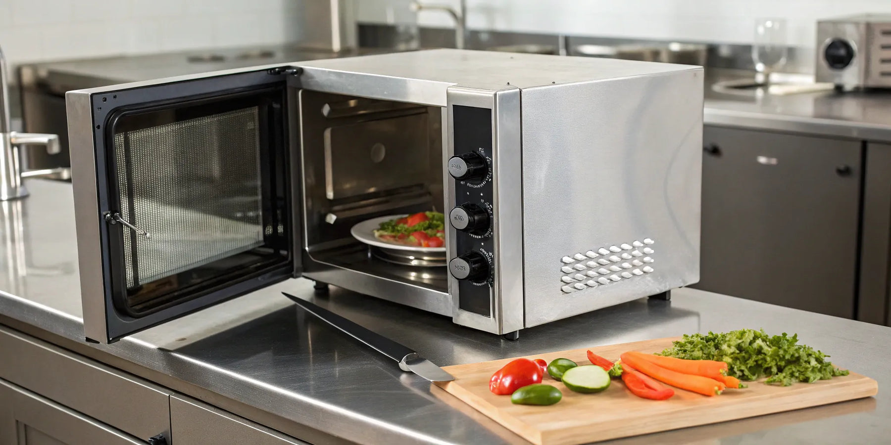 A Sharp commercial microwave oven on a stainless steel counter in a professional kitchen.