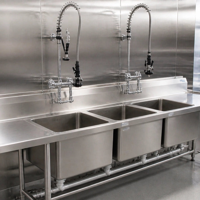 Stainless steel three-compartment commercial sink with wash, rinse, and sanitize bays, drainboards on both sides, and a pre-rinse faucet in a restaurant kitchen