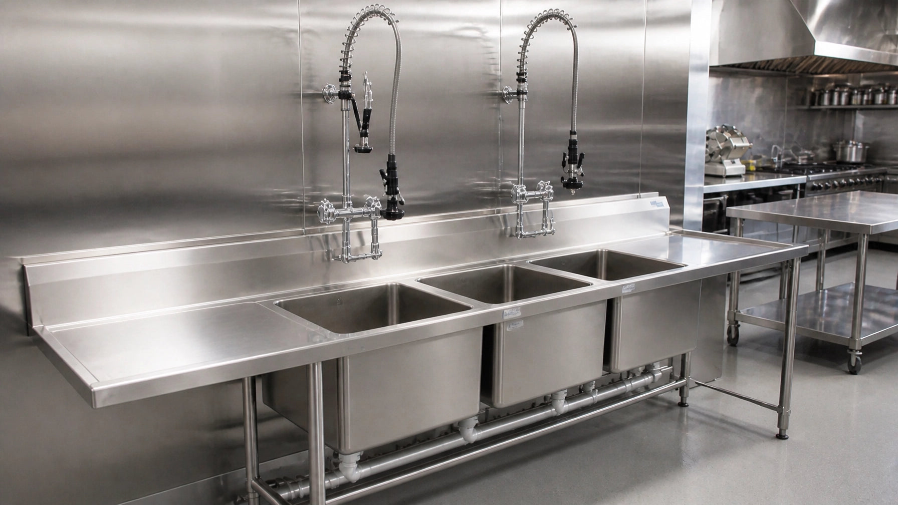 Stainless steel three-compartment commercial sink with wash, rinse, and sanitize bays, drainboards on both sides, and a pre-rinse faucet in a restaurant kitchen