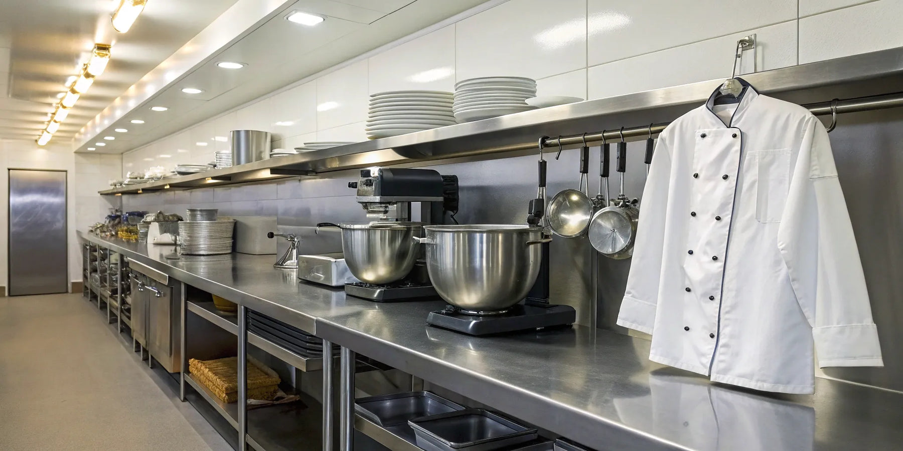 Stainless steel prep tables and mixers in a commercial kitchen sourced for an Arlington restaurant.