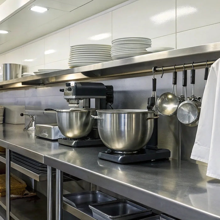 Stainless steel prep tables and mixers in a commercial kitchen sourced for an Arlington restaurant.