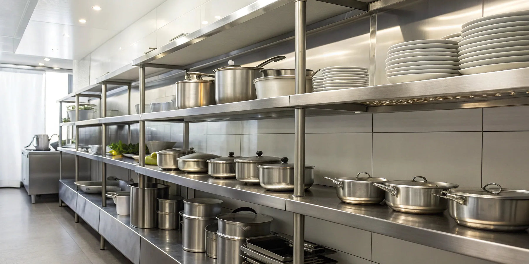 Durable stainless steel kitchen shelves organize cookware and plates.