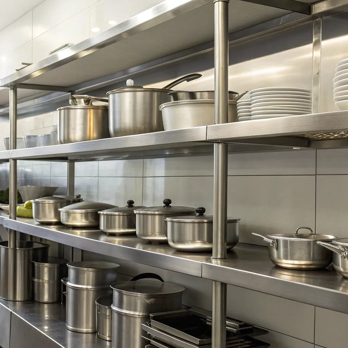Durable stainless steel kitchen shelves organize cookware and plates.