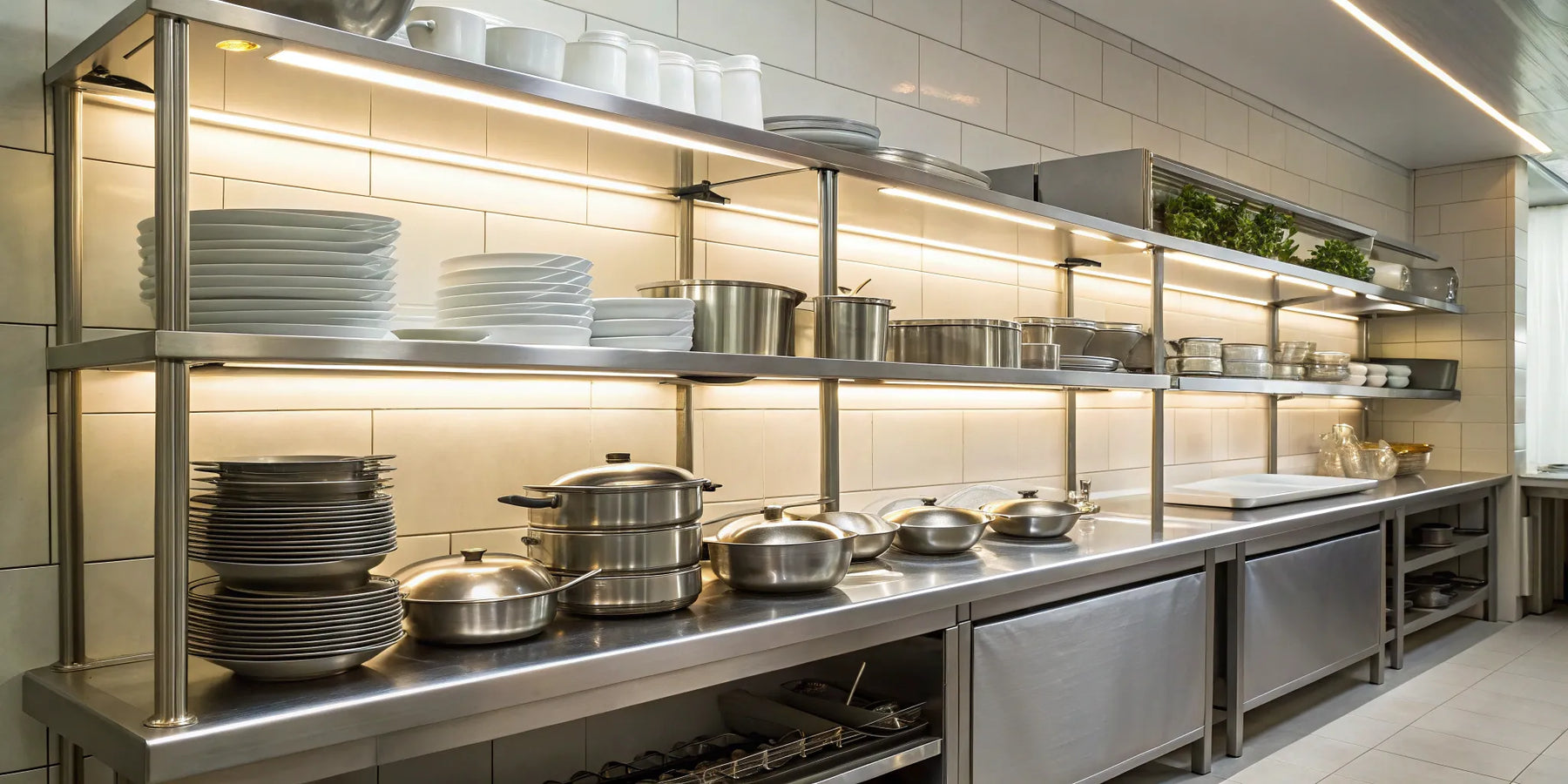 Durable stainless steel kitchen shelves.