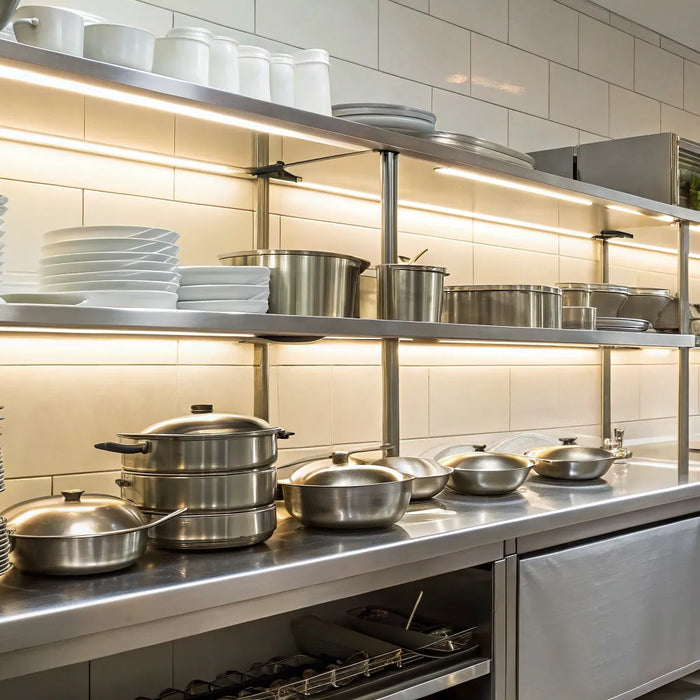 Durable stainless steel kitchen shelves.