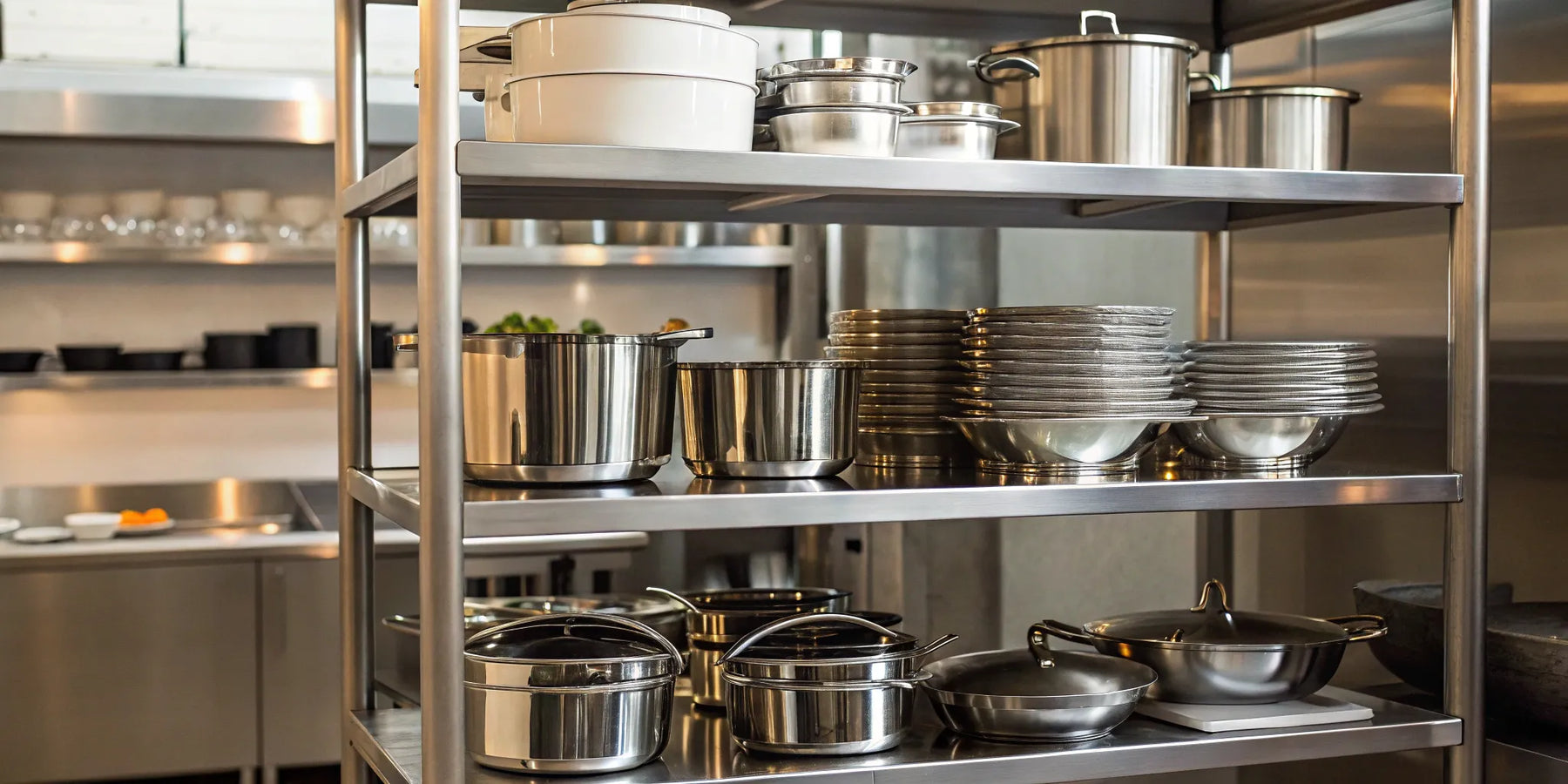 Durable stainless steel shelving units for restaurant storage.