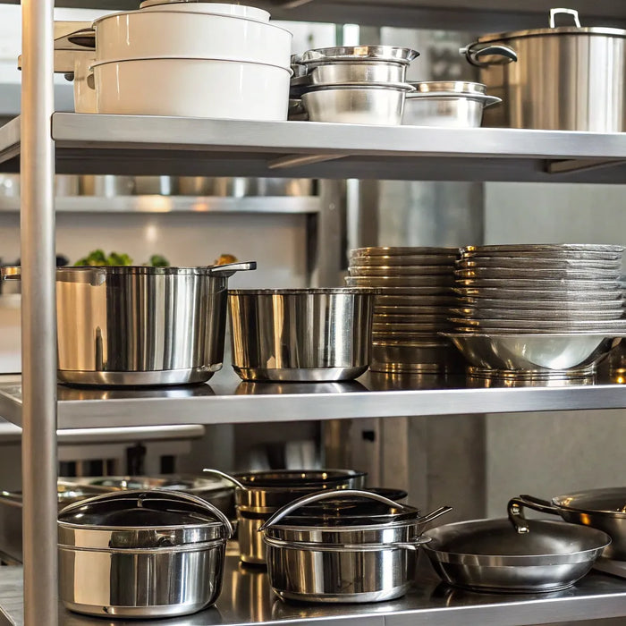 Durable stainless steel shelving units for restaurant storage.