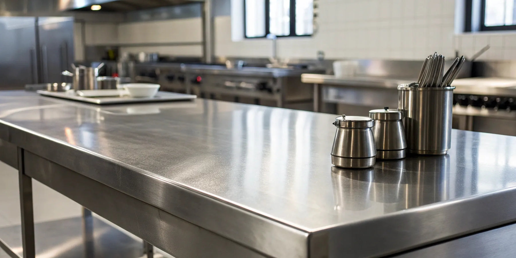 Durable stainless steel table for professional kitchens.