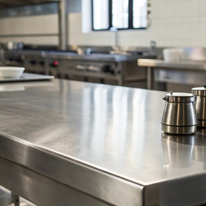 Durable stainless steel table for professional kitchens.