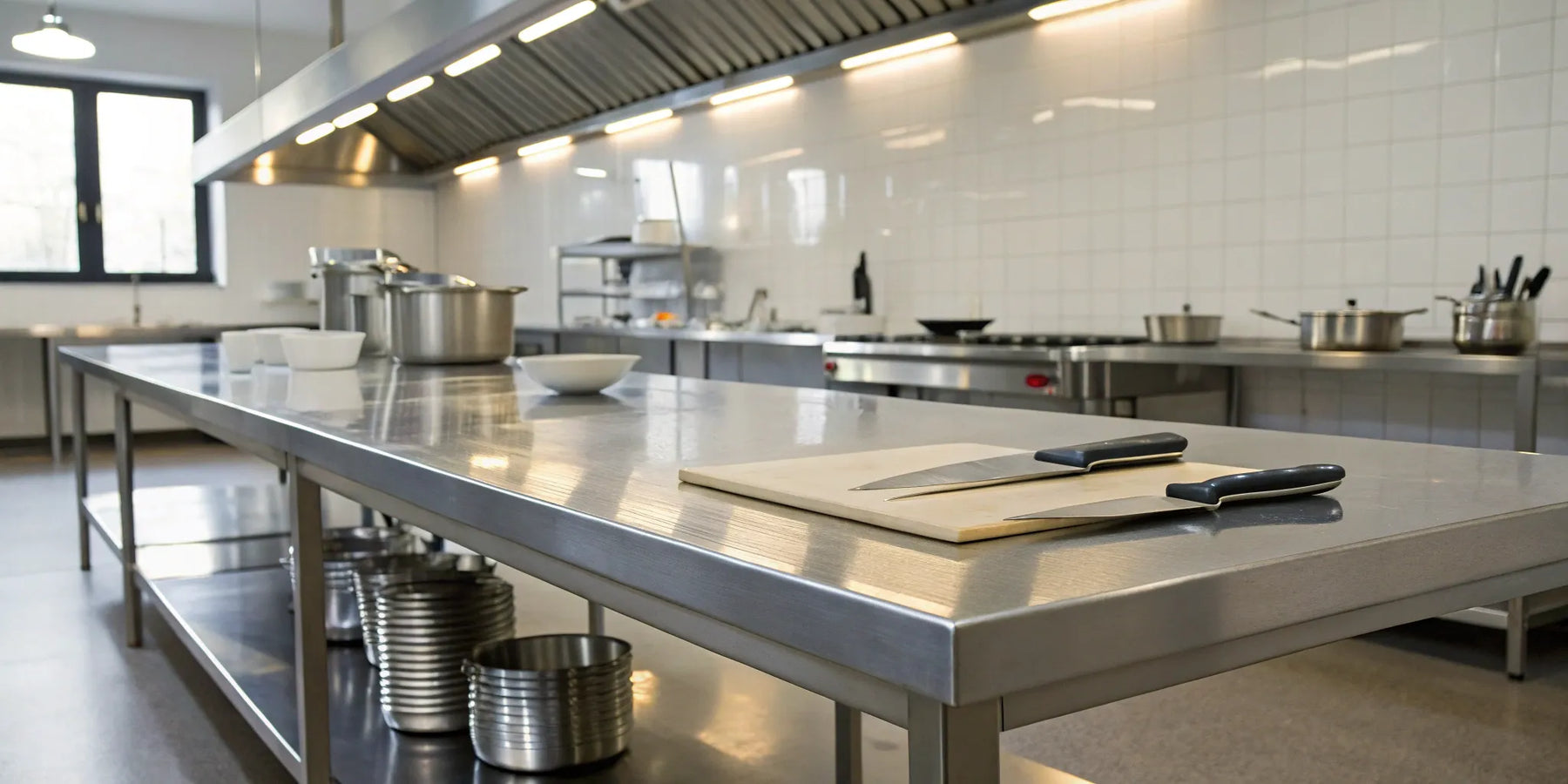 Stainless steel table in a commercial kitchen.