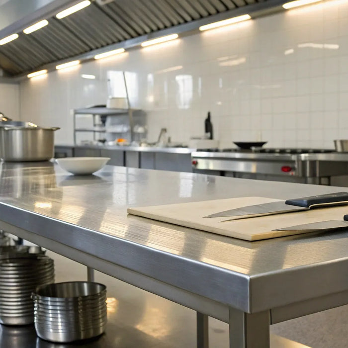 Stainless steel table in a commercial kitchen.