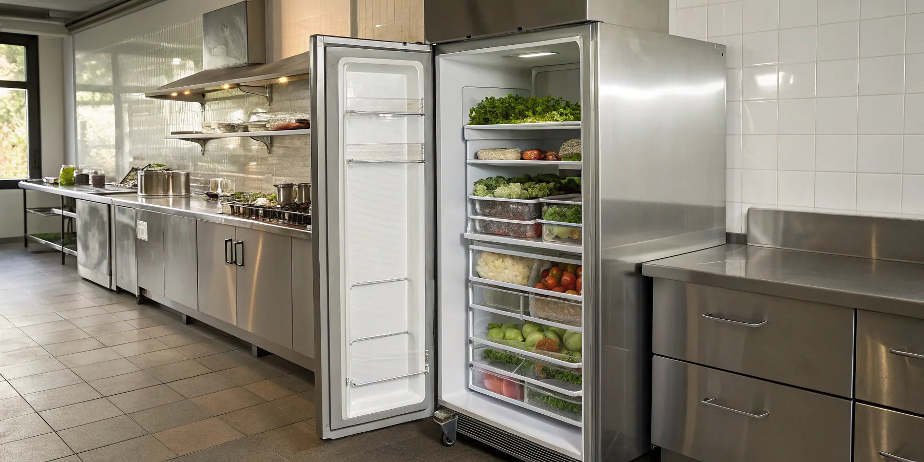 A commercial standing freezer for sale with its door open, showing organized shelves.