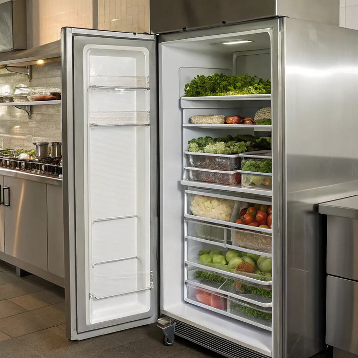 A commercial standing freezer for sale with its door open, showing organized shelves.