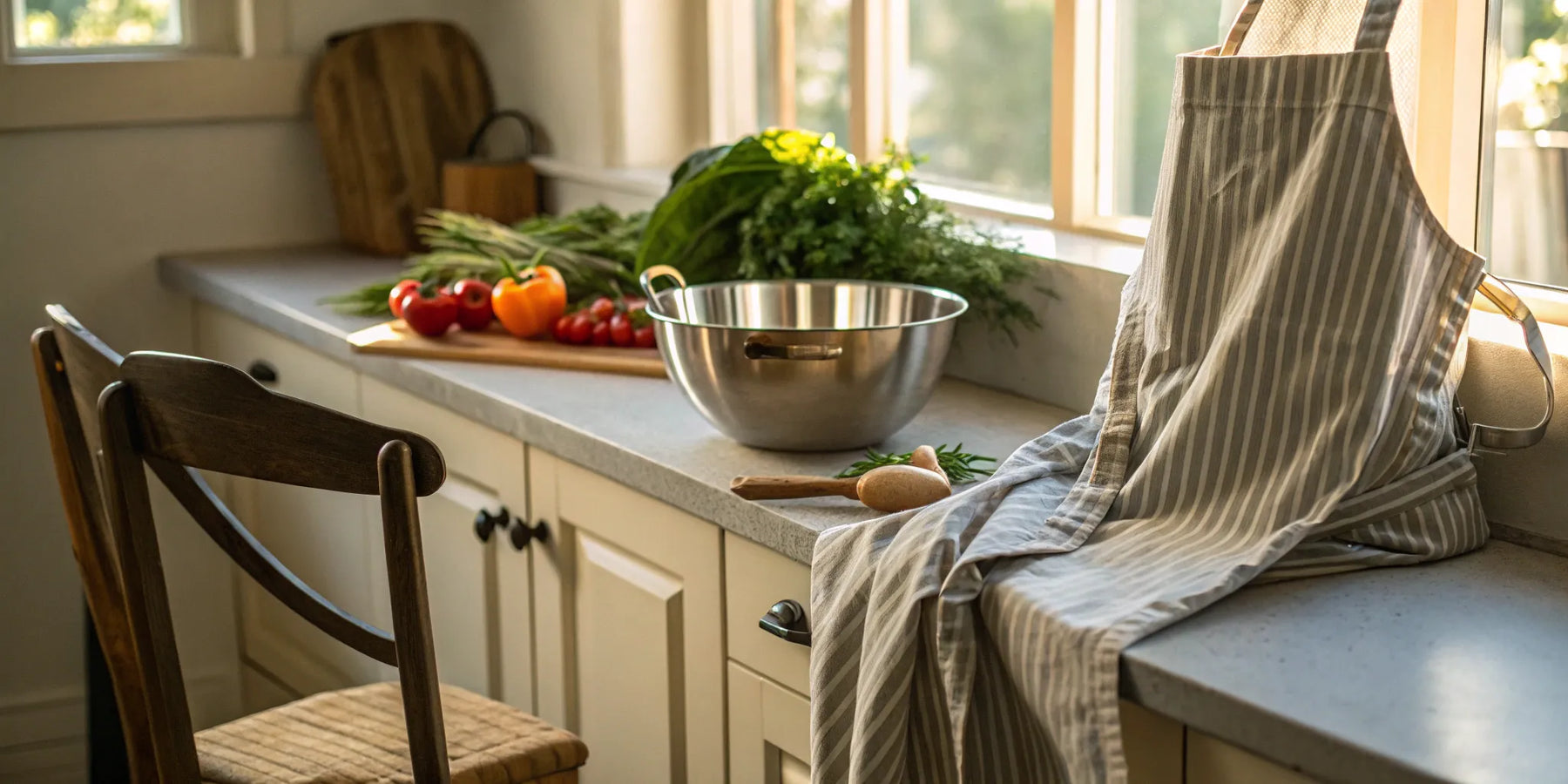 Fresh produce and utensils in a home kitchen catering setup.