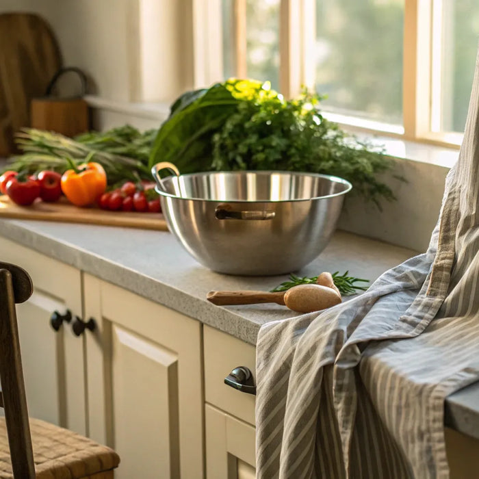Fresh produce and utensils in a home kitchen catering setup.