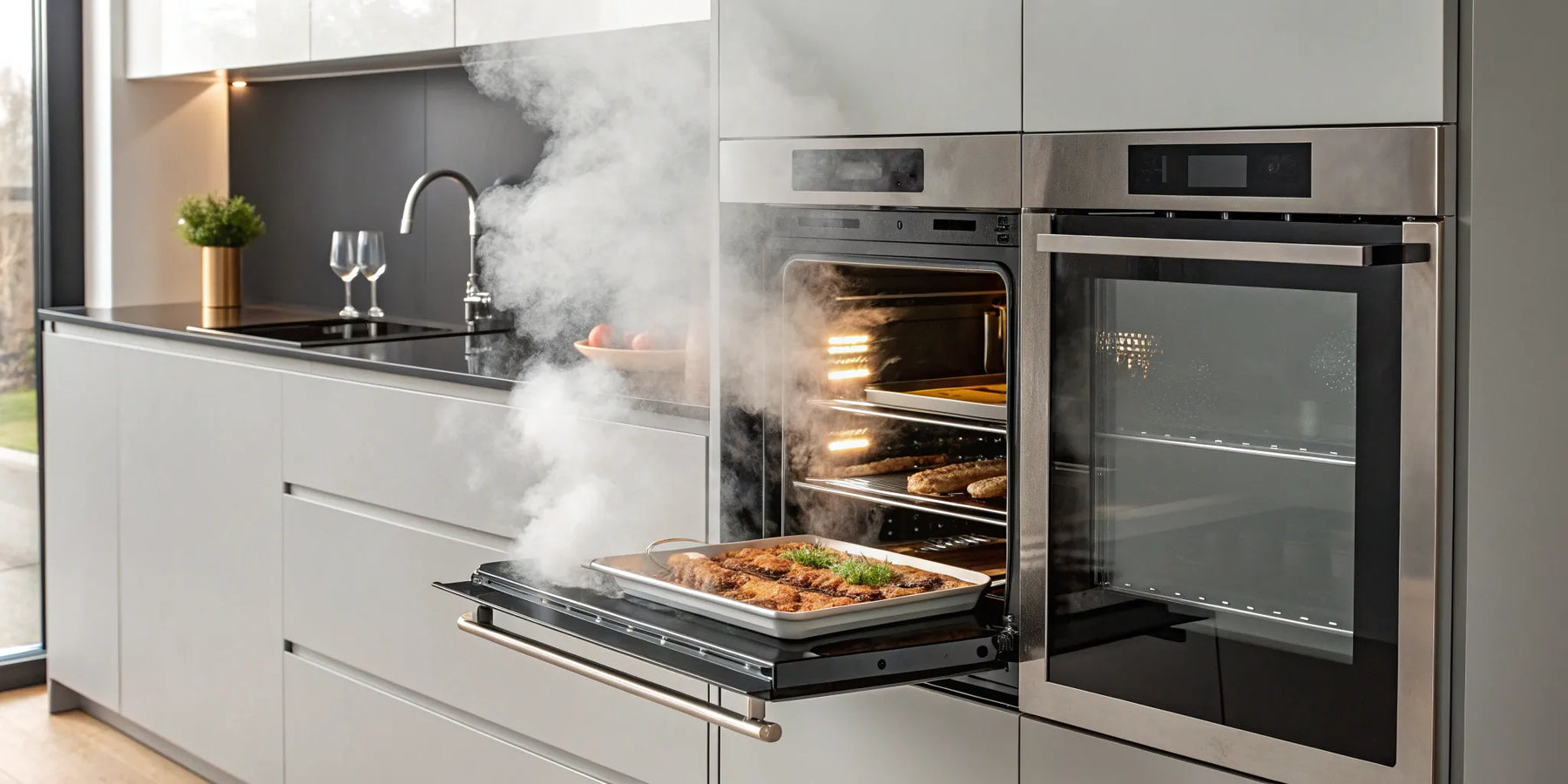 A steam combination oven cooking food with a visible cloud of steam.