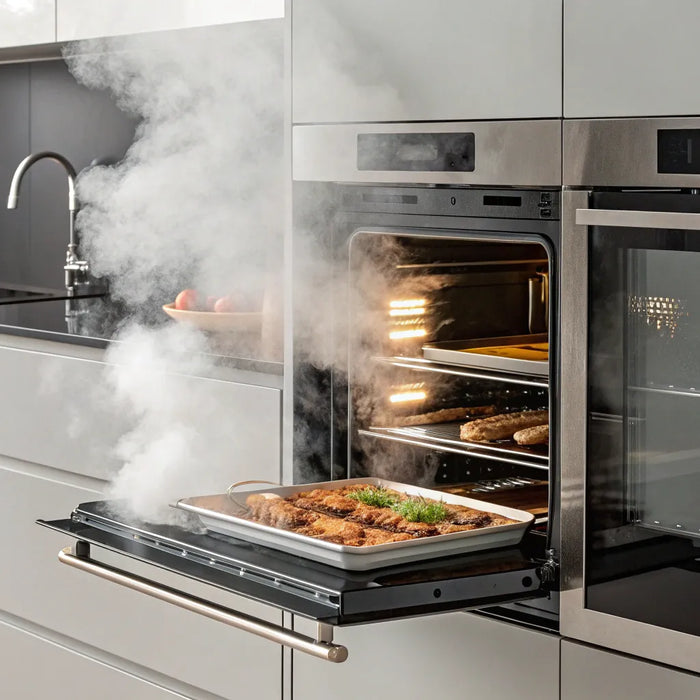 A steam combination oven cooking food with a visible cloud of steam.