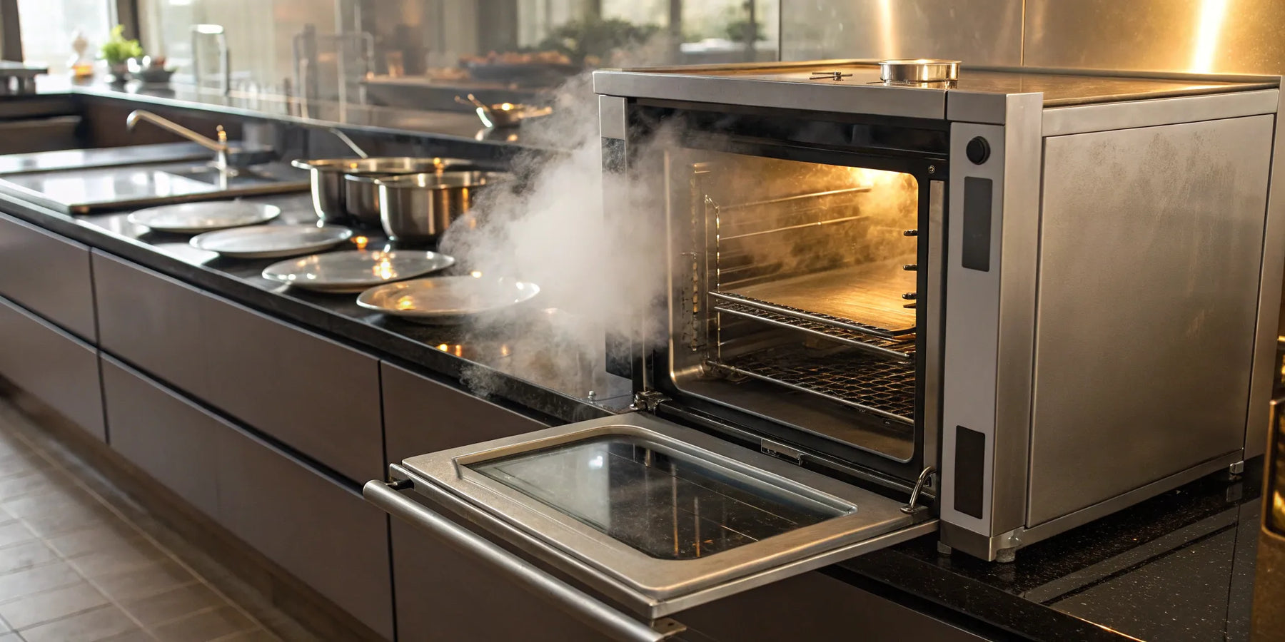 A commercial steam oven releasing a plume of steam in a professional restaurant kitchen.