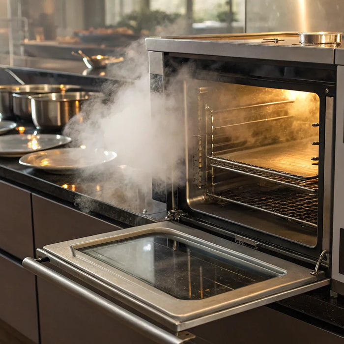 A commercial steam oven releasing a plume of steam in a professional restaurant kitchen.