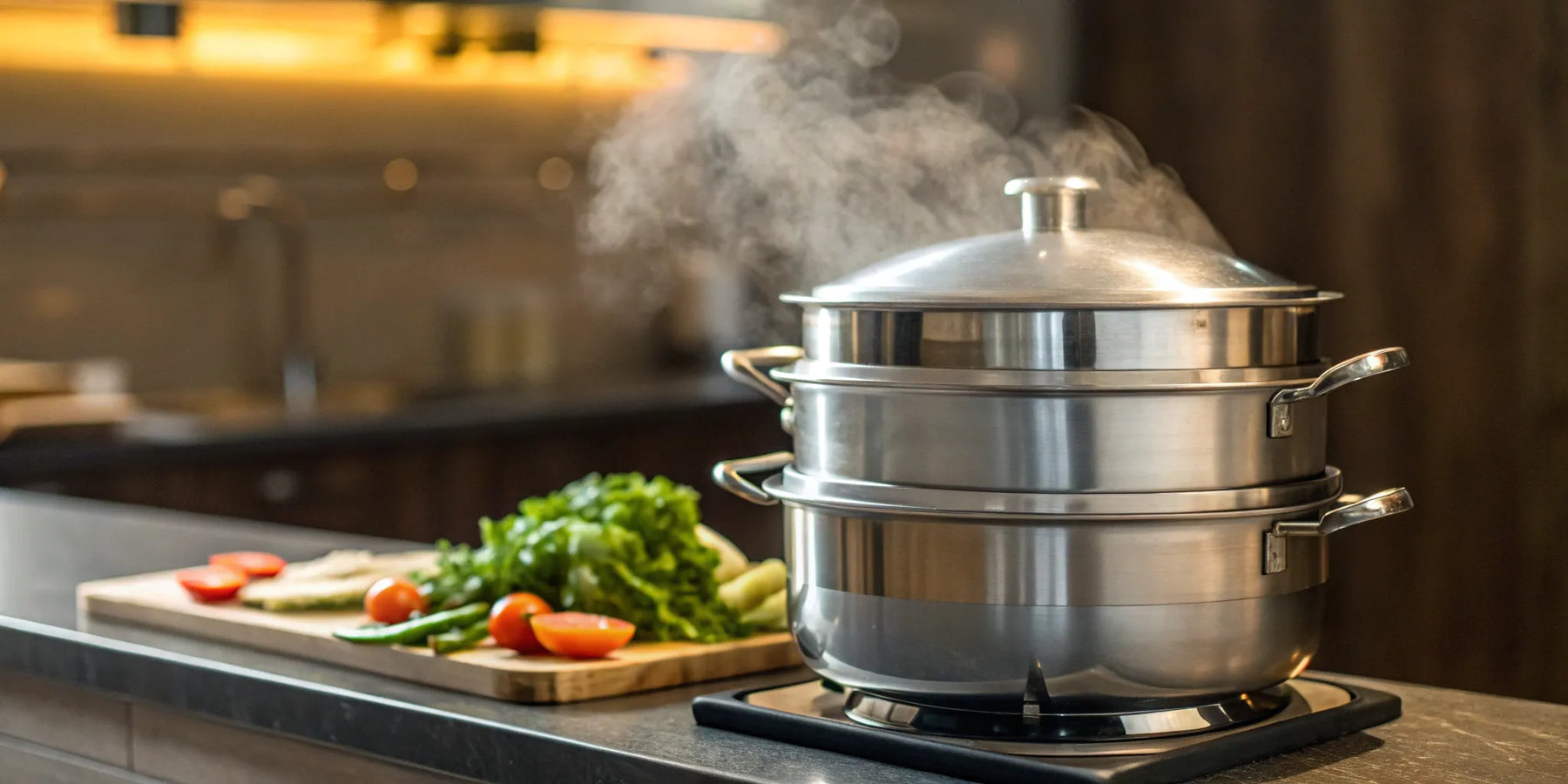 A stainless steel commercial steamer for a restaurant with fresh vegetables.