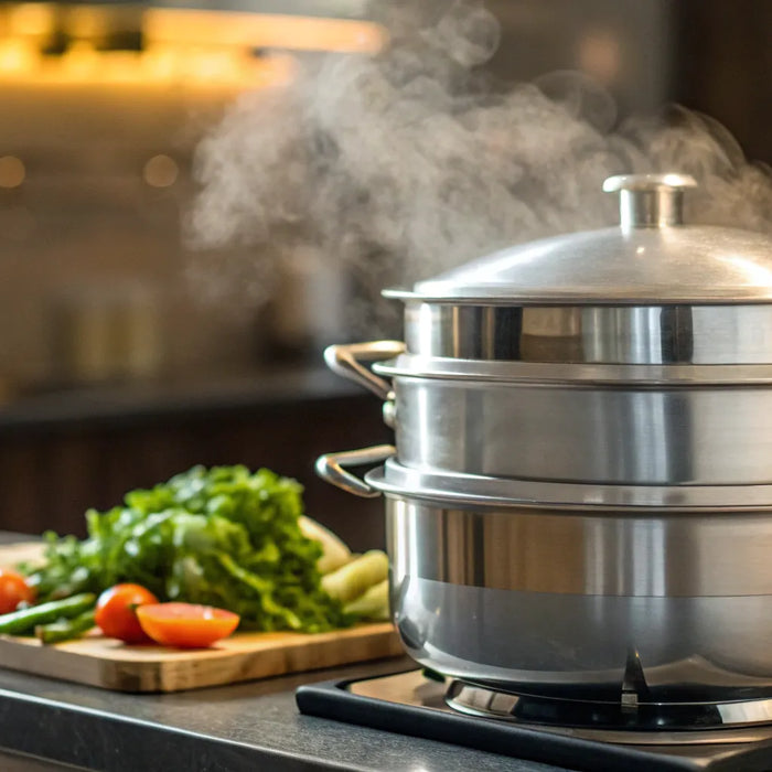 A stainless steel commercial steamer for a restaurant with fresh vegetables.