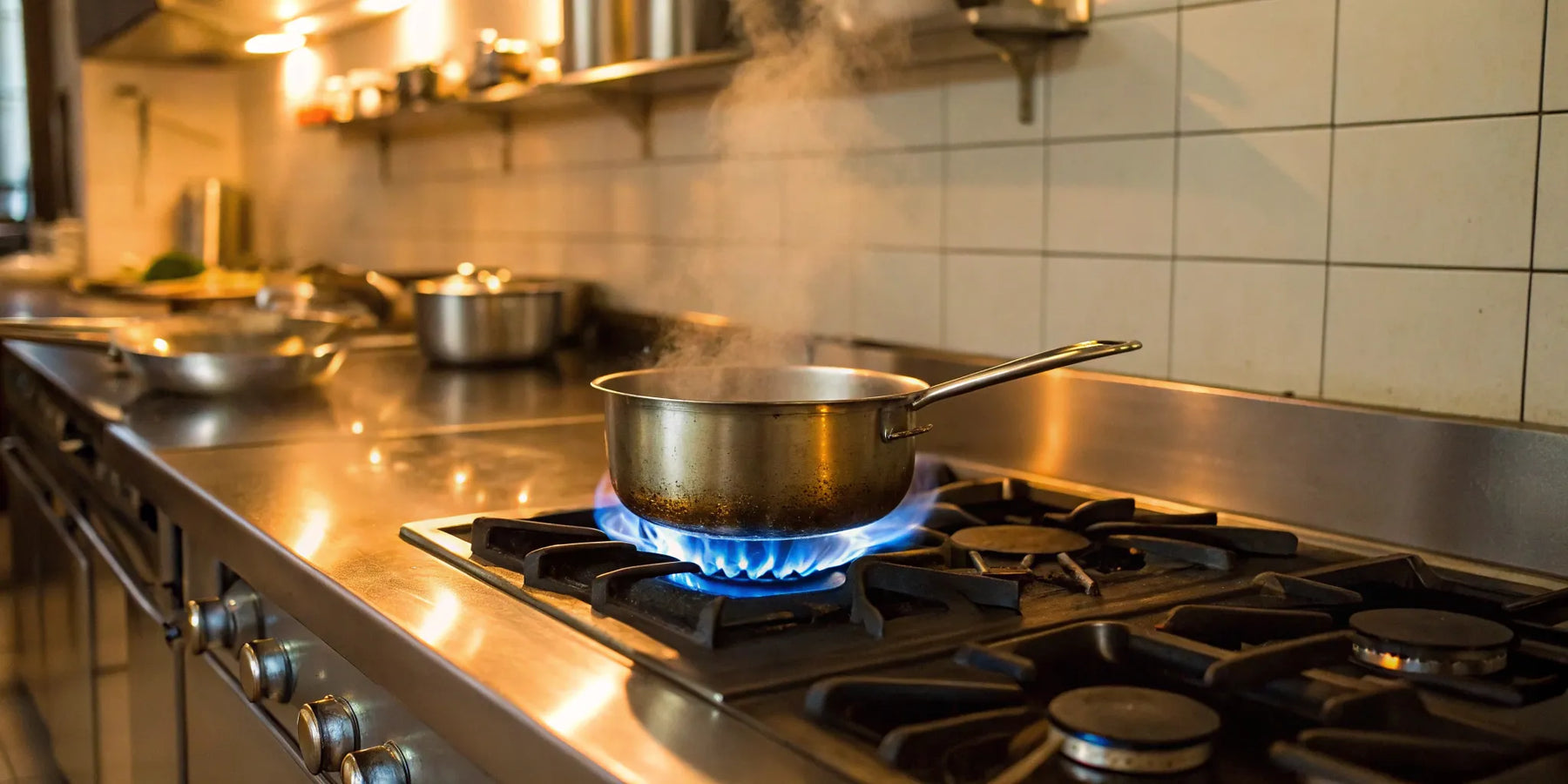A commercial propane gas stove with a powerful blue flame heating a stainless steel pot.