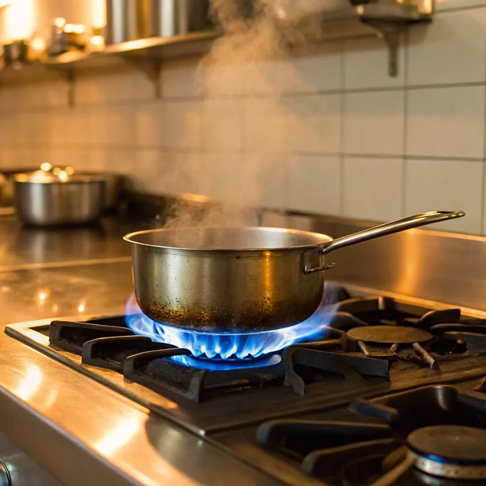 A commercial propane gas stove with a powerful blue flame heating a stainless steel pot.