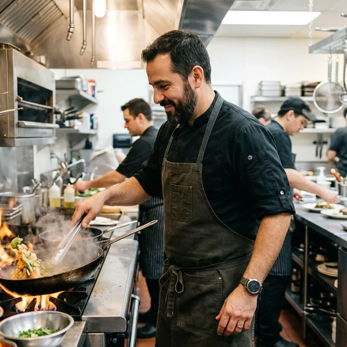 Professional chef working in a high-energy commercial kitchen