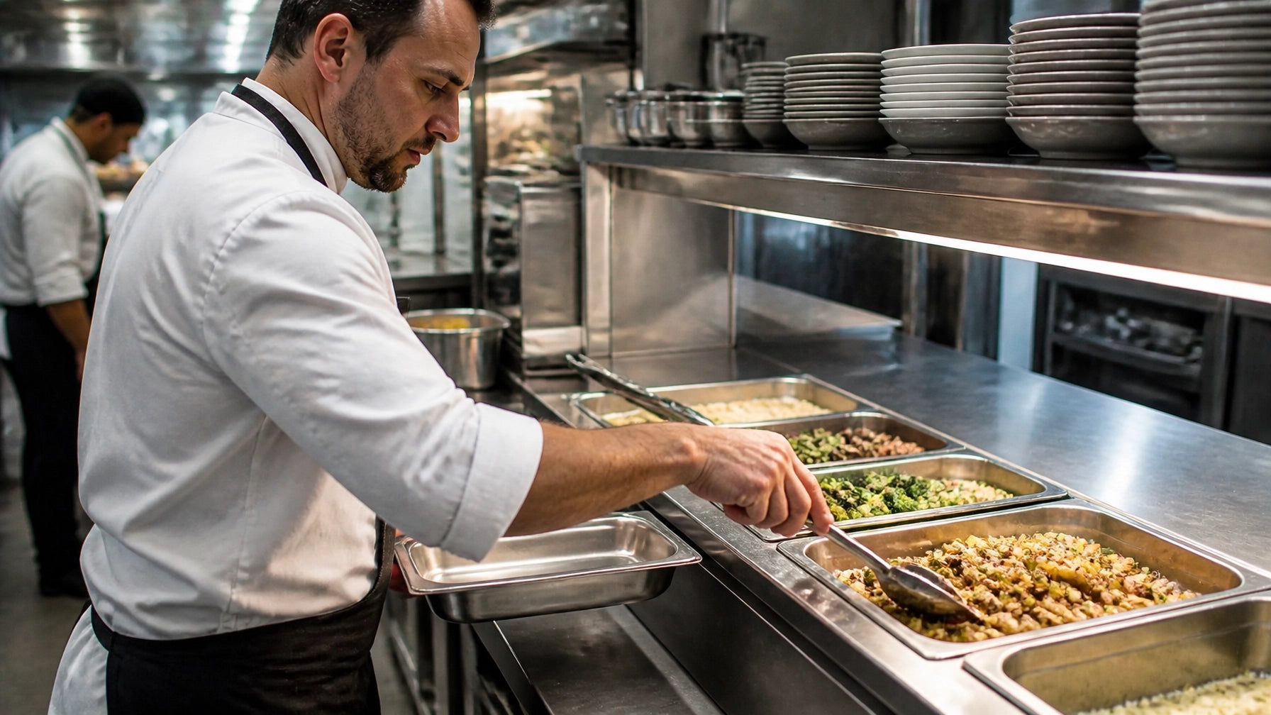Commercial food warmer holding line with stainless steel countertop wells, heated holding cabinet, and soup kettle keeping hot foods above 140°F for safe restaurant buffet and catering service.