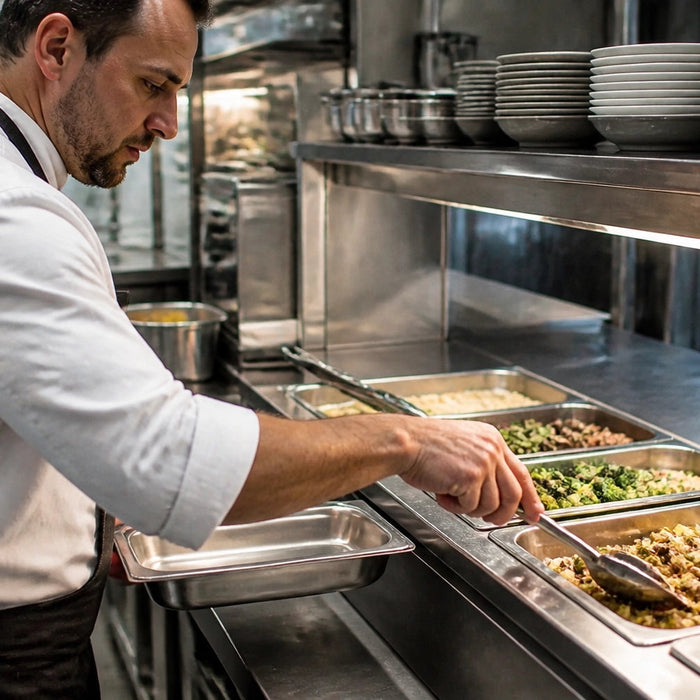 Commercial food warmer holding line with stainless steel countertop wells, heated holding cabinet, and soup kettle keeping hot foods above 140°F for safe restaurant buffet and catering service.