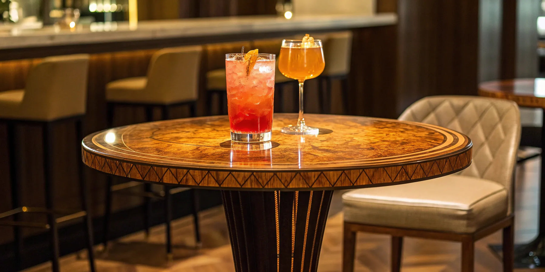 Tall bar table with wood finish.