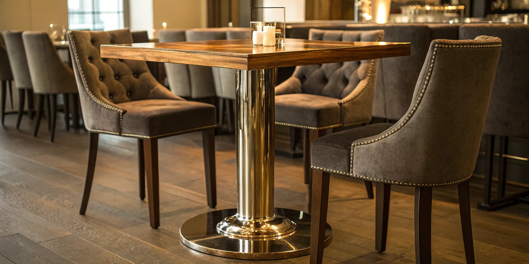 A tall table with a wood top and a sturdy metal stand in a modern restaurant.