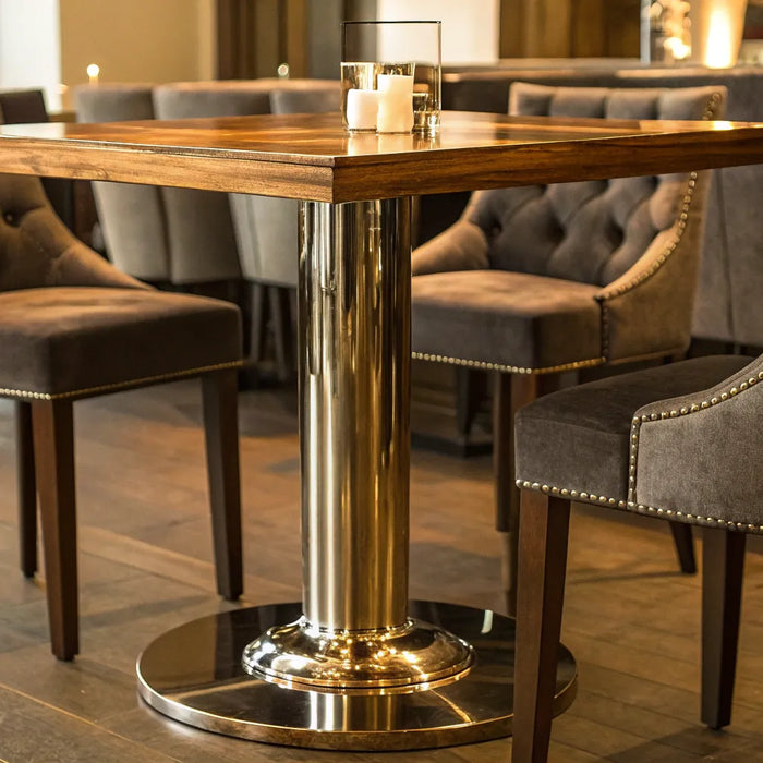 A tall table with a wood top and a sturdy metal stand in a modern restaurant.