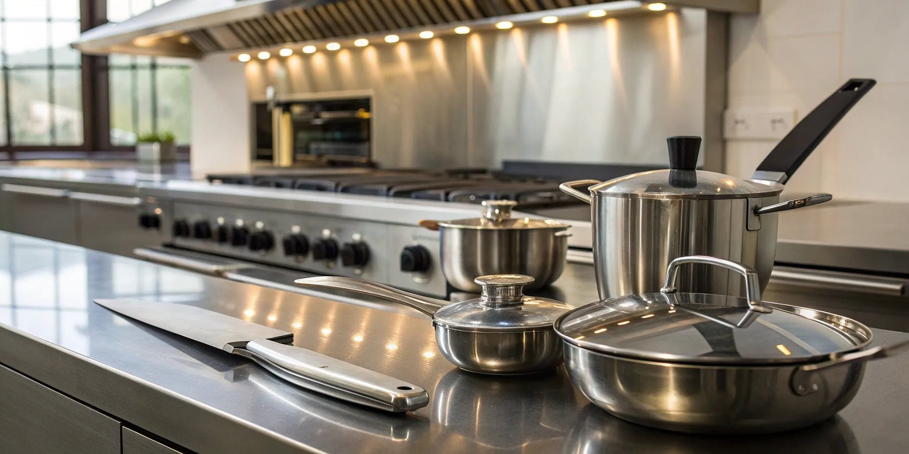 Tampa kitchen equipment, including stainless steel prep tables, in a commercial restaurant.