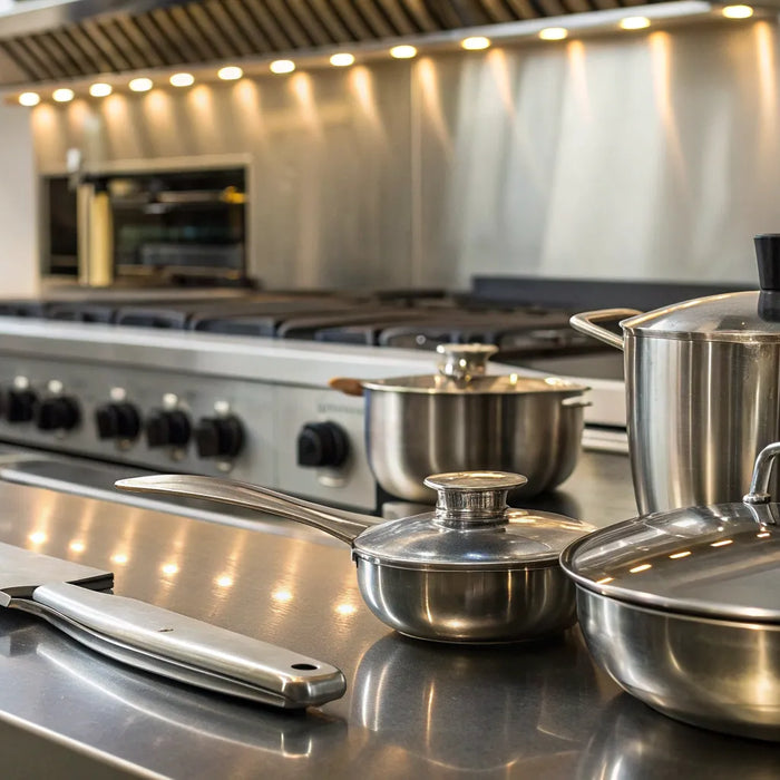 Tampa kitchen equipment, including stainless steel prep tables, in a commercial restaurant.