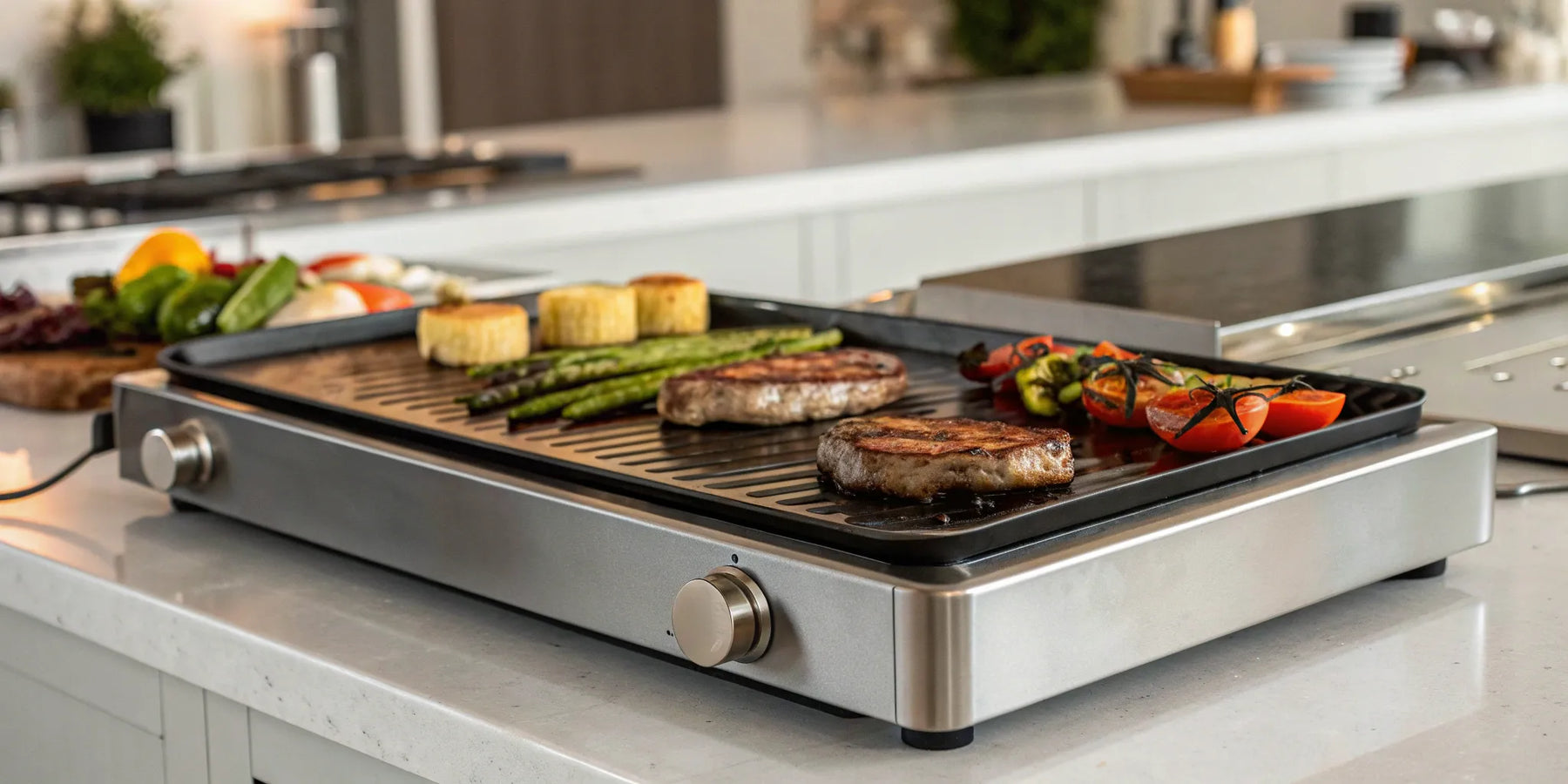 Electric flat top grill searing steaks and vegetables on a kitchen countertop.