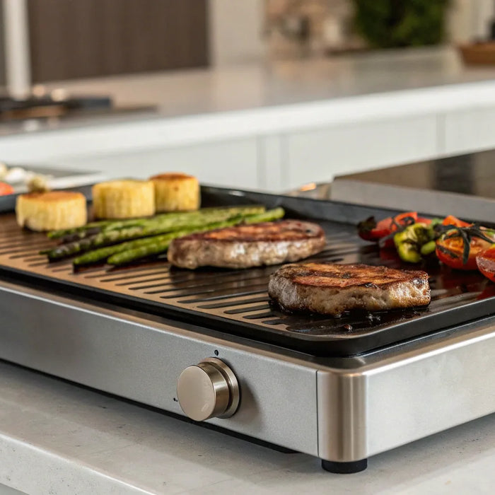 Electric flat top grill searing steaks and vegetables on a kitchen countertop.