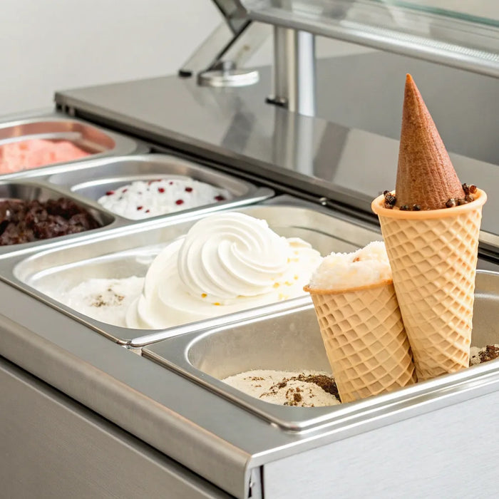 A professional Italian ice cream machine with trays of colorful gelato.