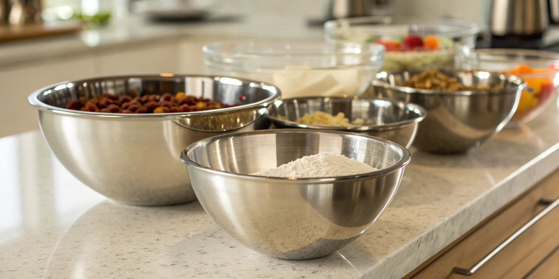 A set of the best stainless steel measuring bowls for a professional kitchen.
