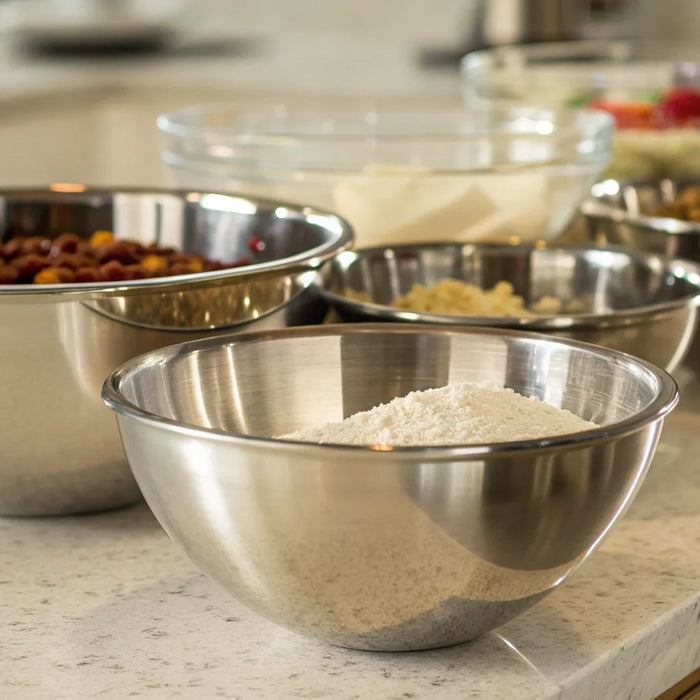 A set of the best stainless steel measuring bowls for a professional kitchen.